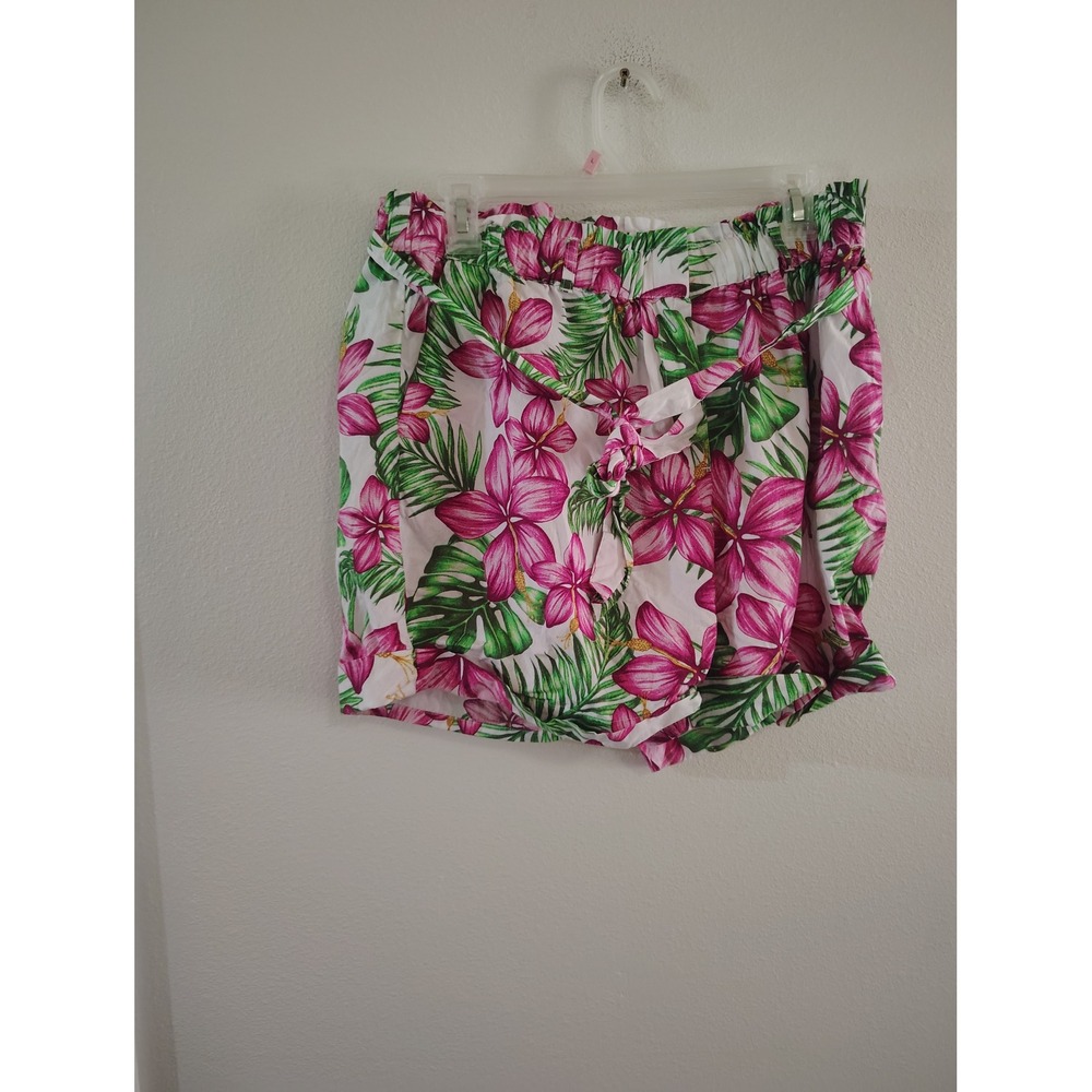 Crown & Ivy Tropical Floral Paperbag Waist Shorts Pink Hibiscus White Size 12